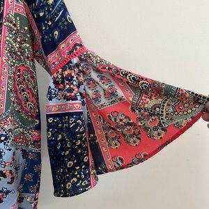 Olive Hill Blouse - Collarless V-Neck Button Front Bell Flute Flutter Sleeve